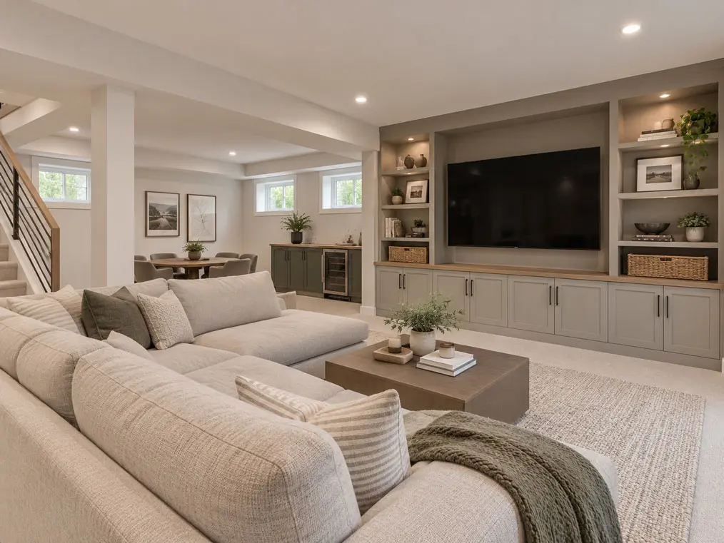 Finished basement living space with a sectional sofa, built-in media wall, and a dining nook near the stairs